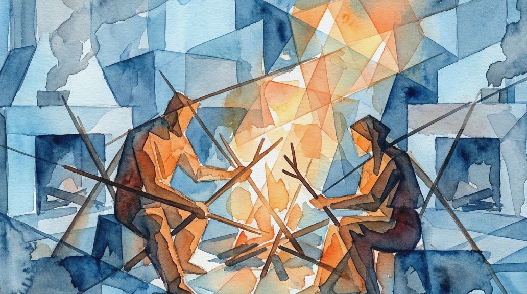 A watercolor painting shows two people tending a fire they need, rendered in warm oranges and cool.