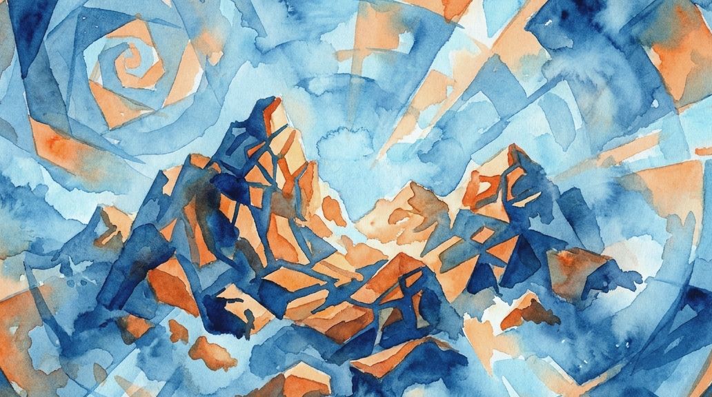 A watercolor painting in blues and oranges showing fractured mountains under a spiraling neutron.