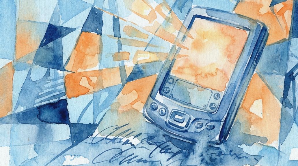 A fragmented watercolor painting of a vintage PDA and blurred handwriting in blue and orange tones.