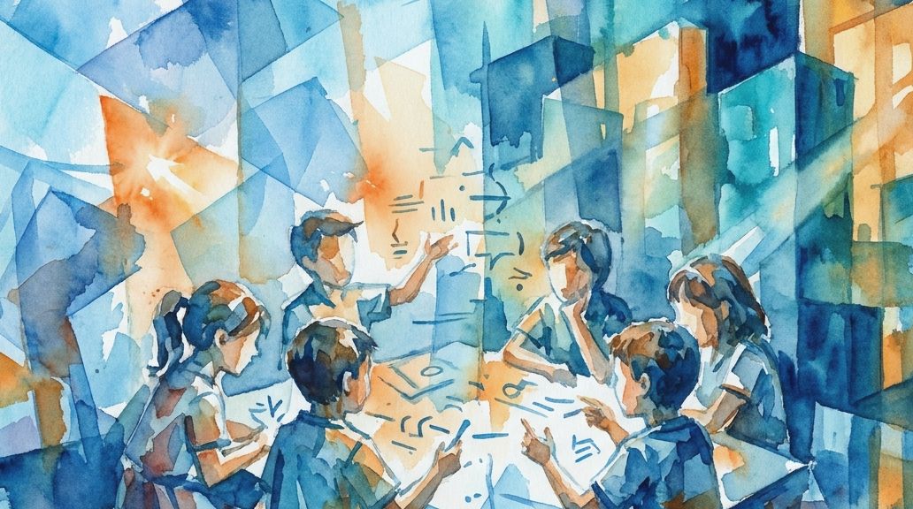 Blue watercolor shows children gesturing around a table, symbolizing Nicaraguan Sign Language.