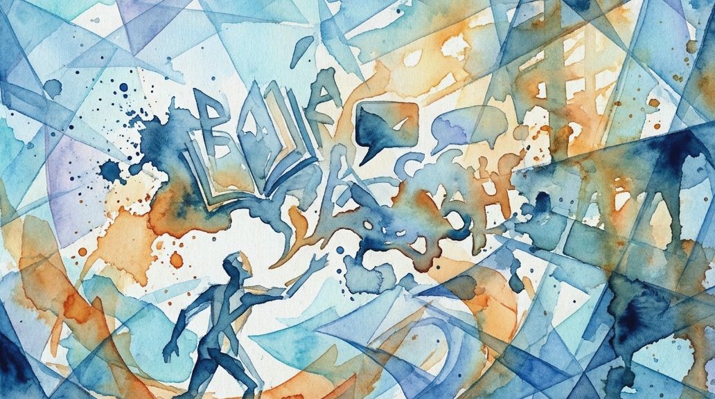 Blue and orange watercolor washes define a figure reaching towards an open book and speech marks.