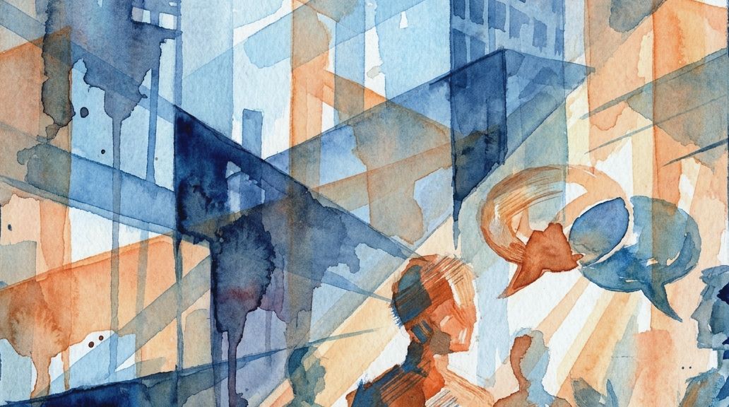 Watercolor figures with orange and blue speech bubbles communicate in an abstract urban setting.