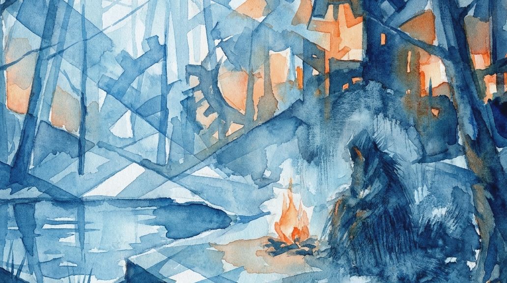 A watercolor painting in blues and oranges shows the North Pond hermit by a fire at night.