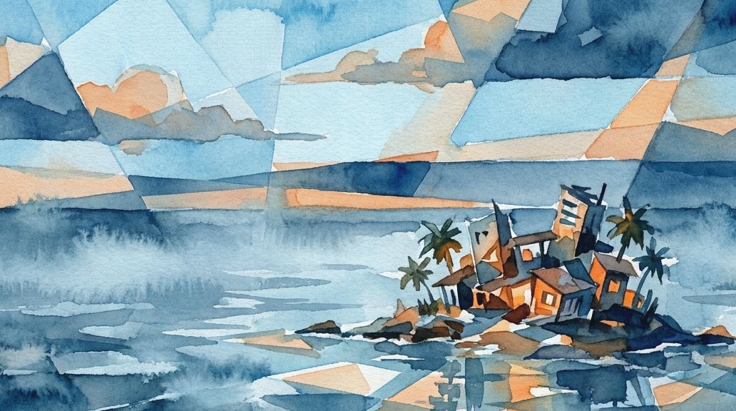 A watercolor painting in deep blues and warm oranges depicts a tiny, isolated island settlement.