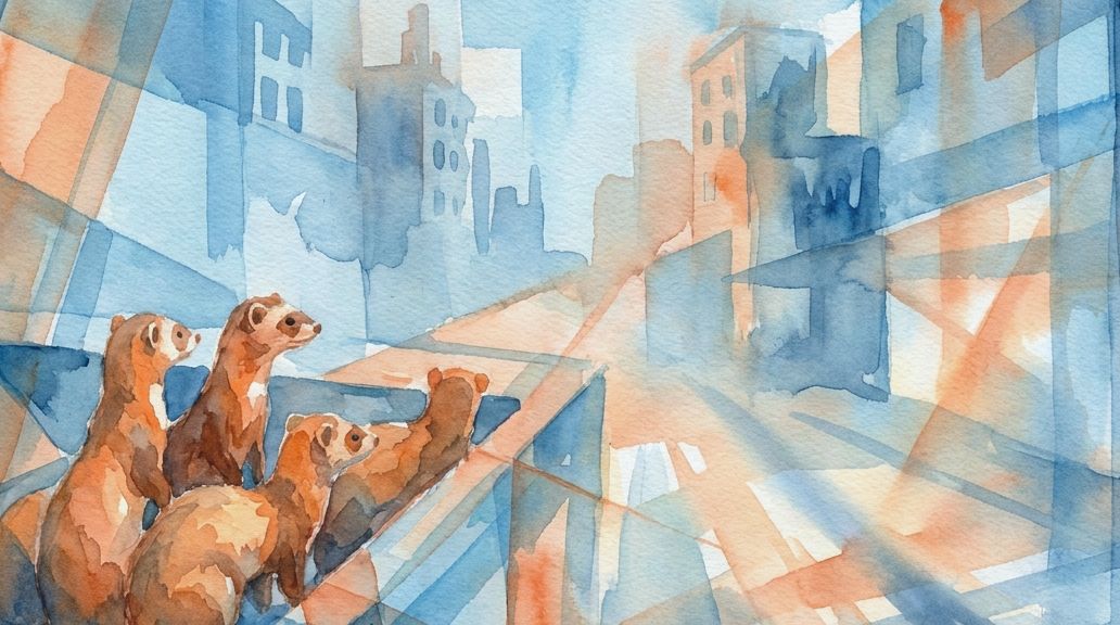 This blue and orange watercolor painting features ferrets looking out over a dense urban landscape.