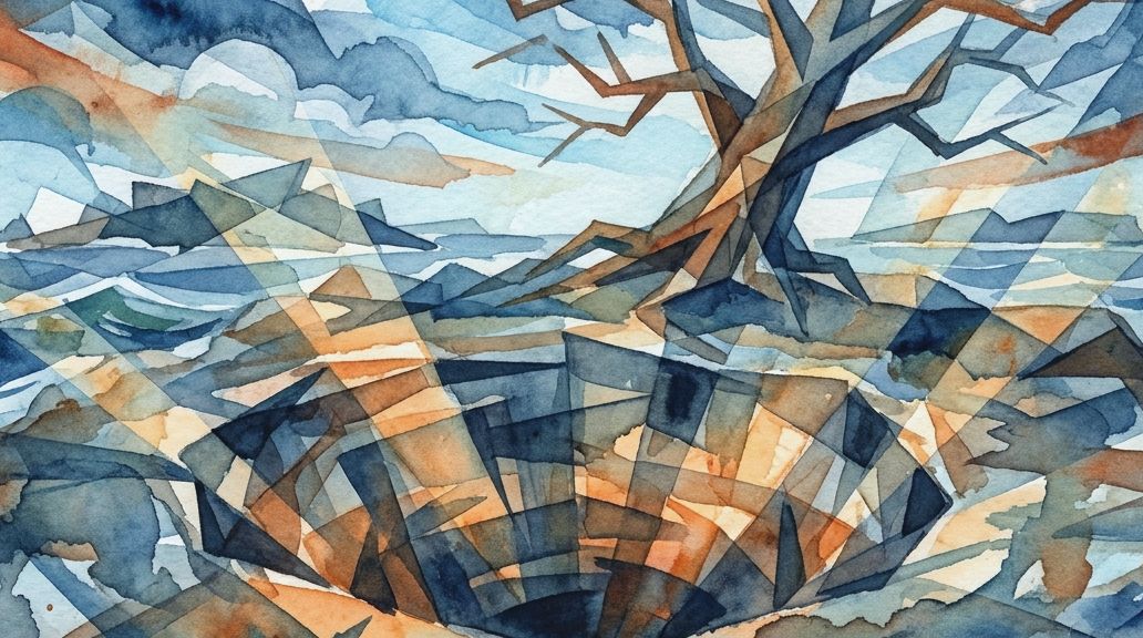 A fragmented watercolor painting of the Oak Island pit and a tree in deep blues and warm oranges.