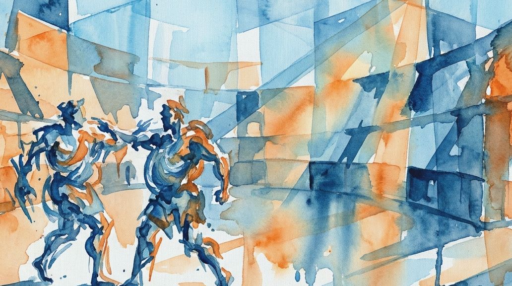 An abstract watercolor in blue and orange tones depicts two figures in a pose suggesting inverse.