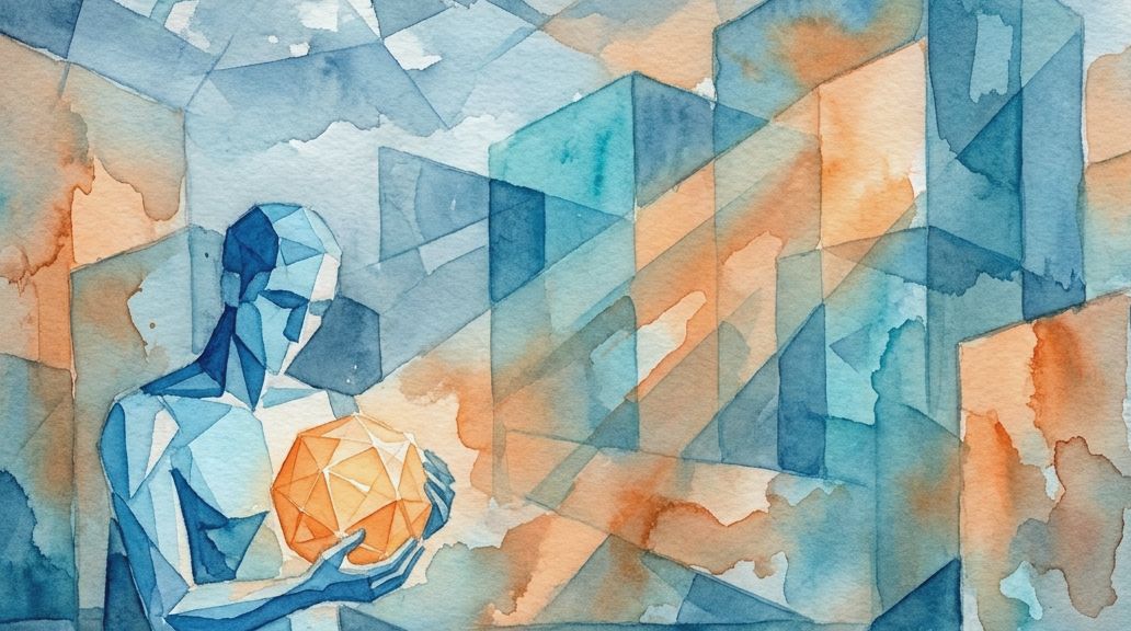 A blue faceted man holds a glowing orange sphere in a watercolor painting about open-placebo.