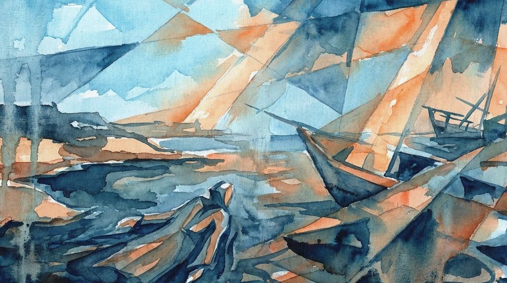 A watercolor in dark blues and oranges shows rough seas and vessels during a secret coastal mission.