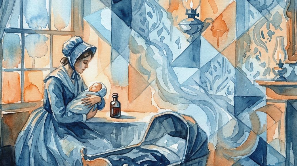 A watercolor in blues and oranges depicts a mother with her baby and a bottle of soothing syrup.