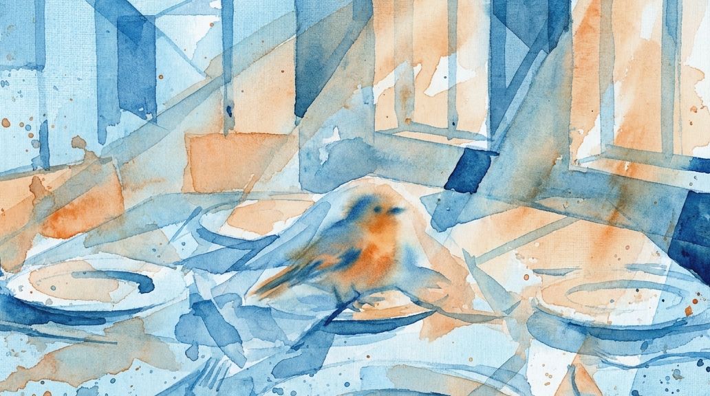Blue and orange watercolor painting of an ortolan bunting perched among plates on a table.