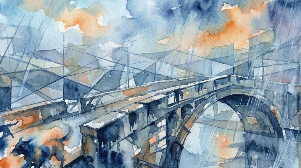 A moody watercolor painting shows Overtoun Bridge and vague dog forms in deep blue and orange rain.
