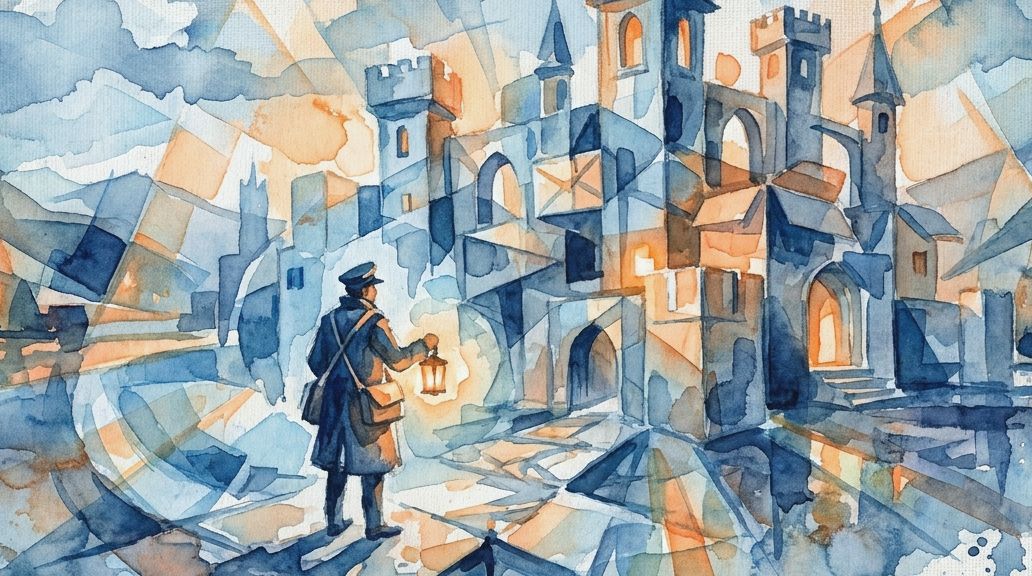 A fragmented watercolor shows a man with a lantern near a fantasy castle in blue and orange.