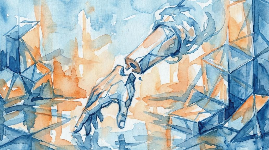 A watercolor painting in blue and orange tones shows an abstract forearm and hand.