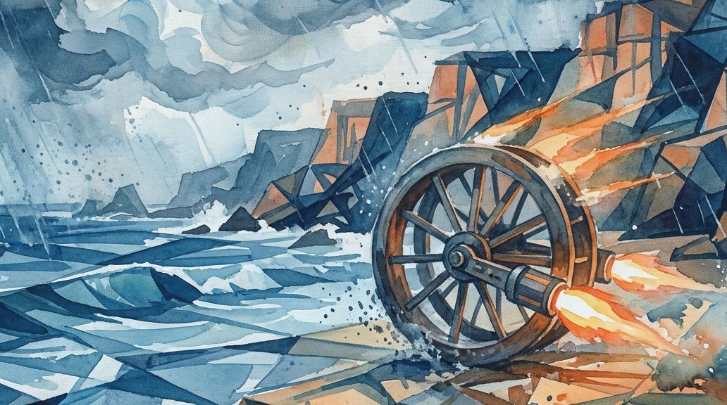A watercolor painting shows a rocket-propelled wheel on a stormy coast in deep blues and fiery.