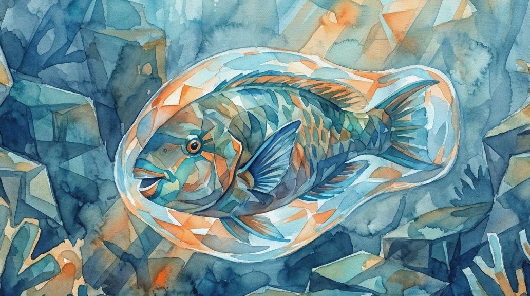 A watercolor painting shows a parrotfish inside its mucus cocoon underwater, using blues and.
