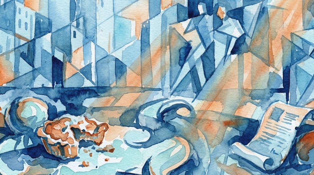 A blue and orange watercolor painting depicting a pastry war with a pie, scroll, and fragmented.