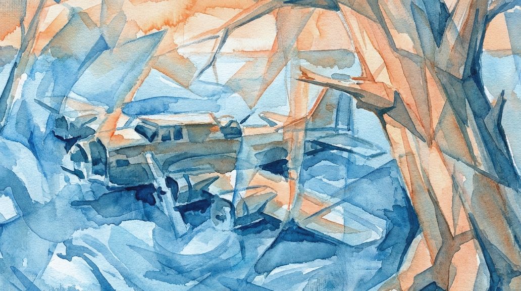 An abstract watercolor painting shows a large vehicle stuck in a frozen forest in blues and oranges.