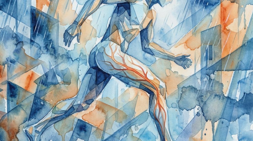 A watercolor painting of a running figure in blues and oranges shows a persistent median artery.