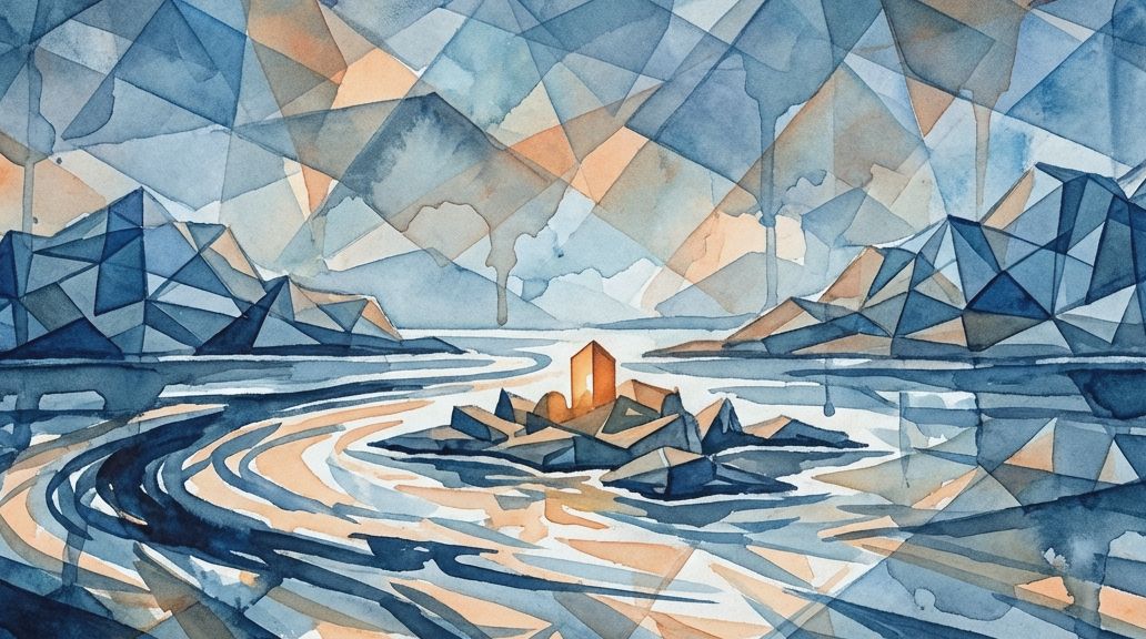 A watercolor landscape in deep blues and warm oranges features the faceted Pheasant Island.