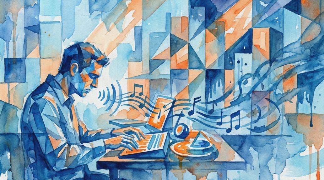 A watercolor in blues and oranges depicts a figure using a phonautograph to record sound.