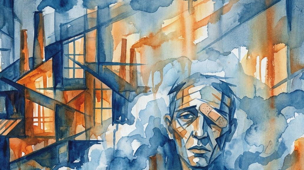 A watercolor painting in blues and oranges shows a man with a bandaged jaw amidst industrial smoke.