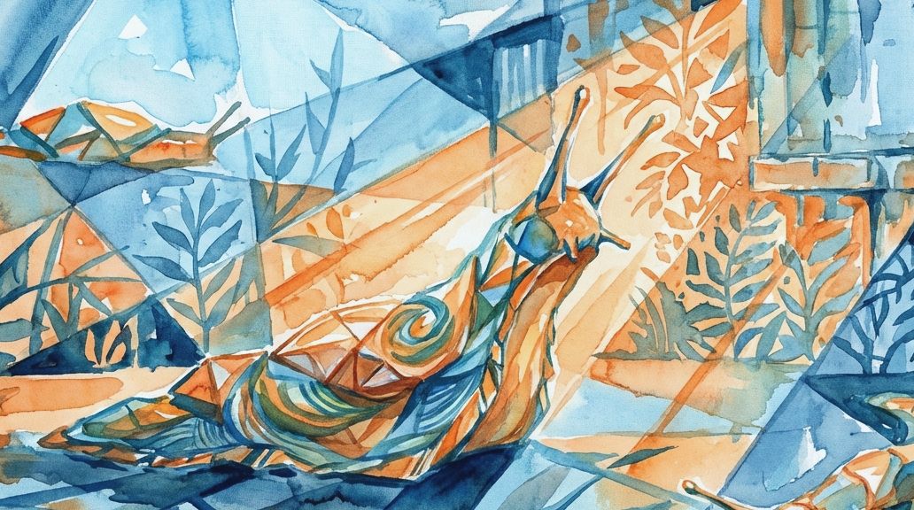 A fragmented watercolor painting in blues and warm oranges depicts a slug amidst glowing plant.