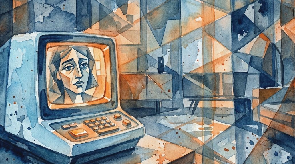 A watercolor in deep blues and oranges shows a retro picturephone screen with a sad woman's face.