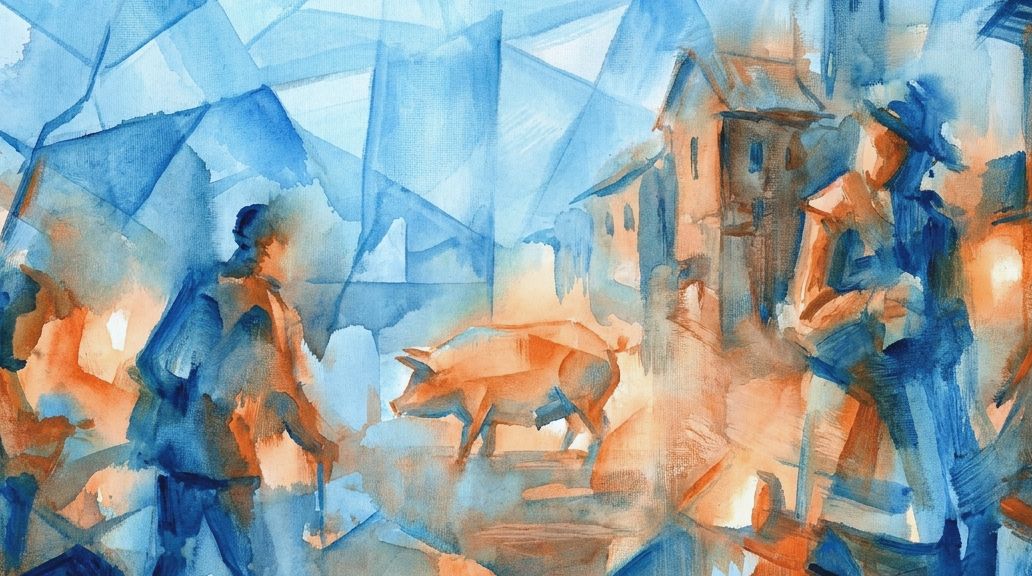 A fragmented watercolor in blues and oranges shows settlers and a pig in a village setting.