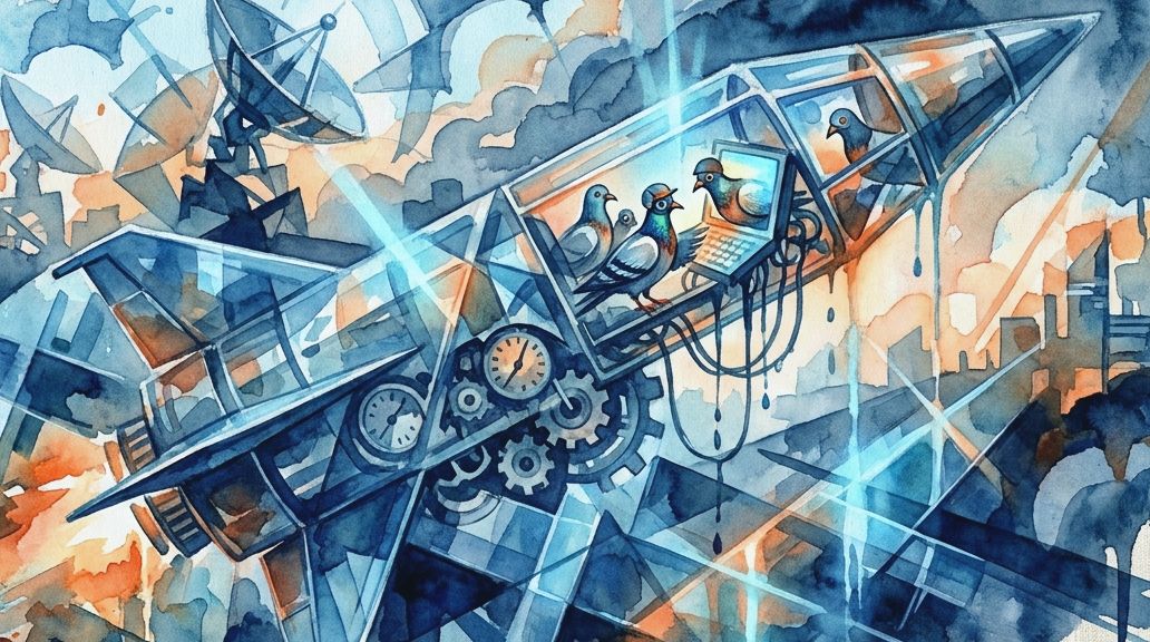 A watercolor painting depicts pigeons guiding a complex missile in deep blues and fiery oranges.