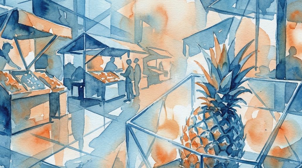 A blue and orange watercolor painting shows a pineapple in a glass case amidst busy market stalls.