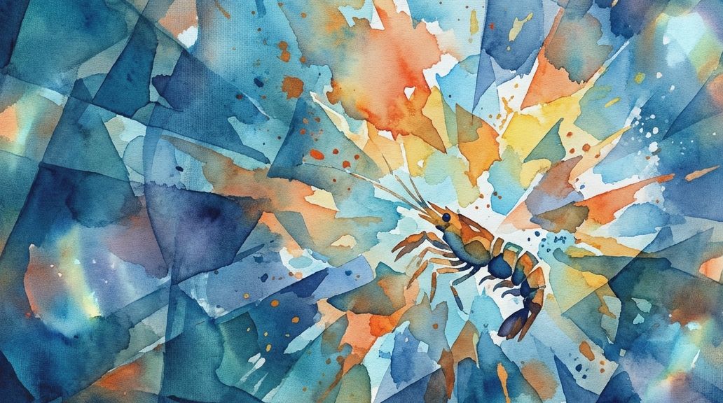 A watercolor painting of a pistol shrimp snapping in a burst of blue and orange energy.