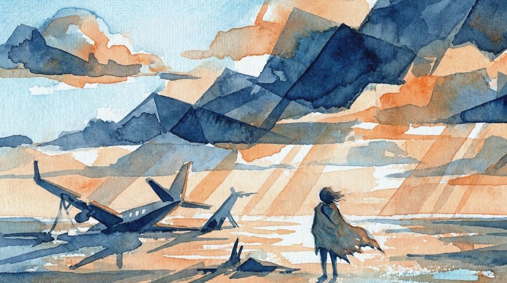 A watercolor painting shows a survivor looking at a crashed plane in deep blues and oranges.