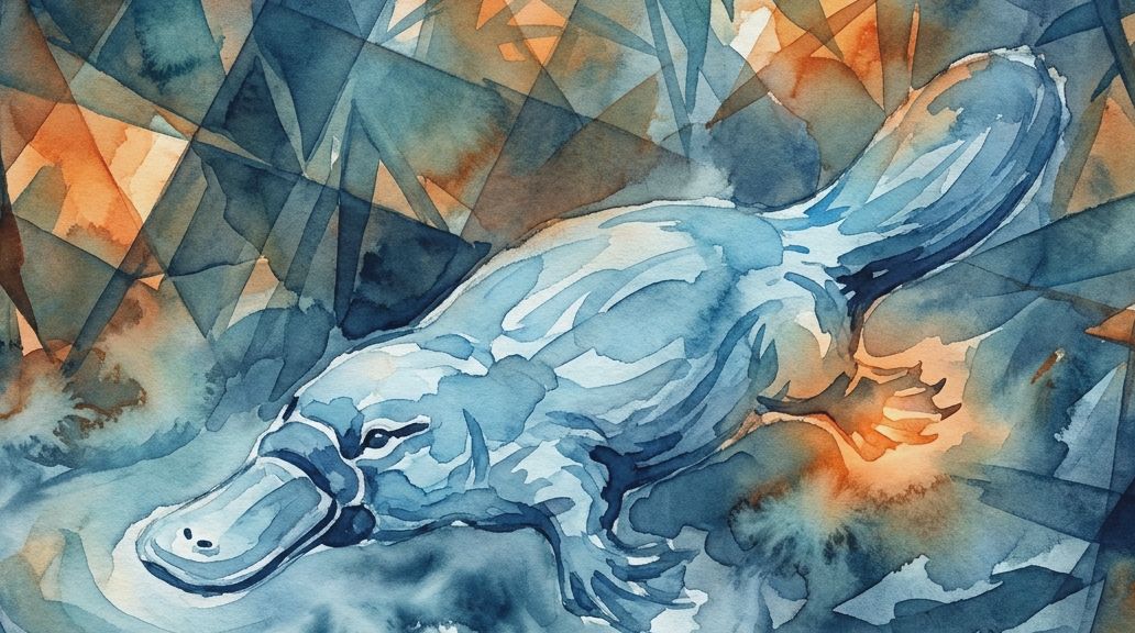 A fragmented watercolor painting shows a platypus swimming in deep blues and oranges.