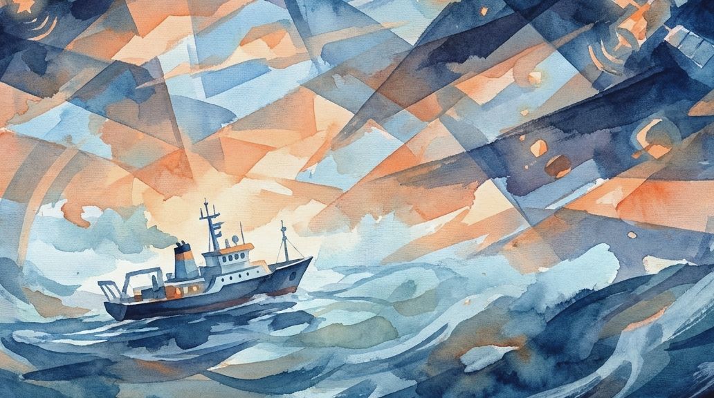 A watercolor shows a ship in deep blue rough seas under satellites and orange skies near Point Nemo.