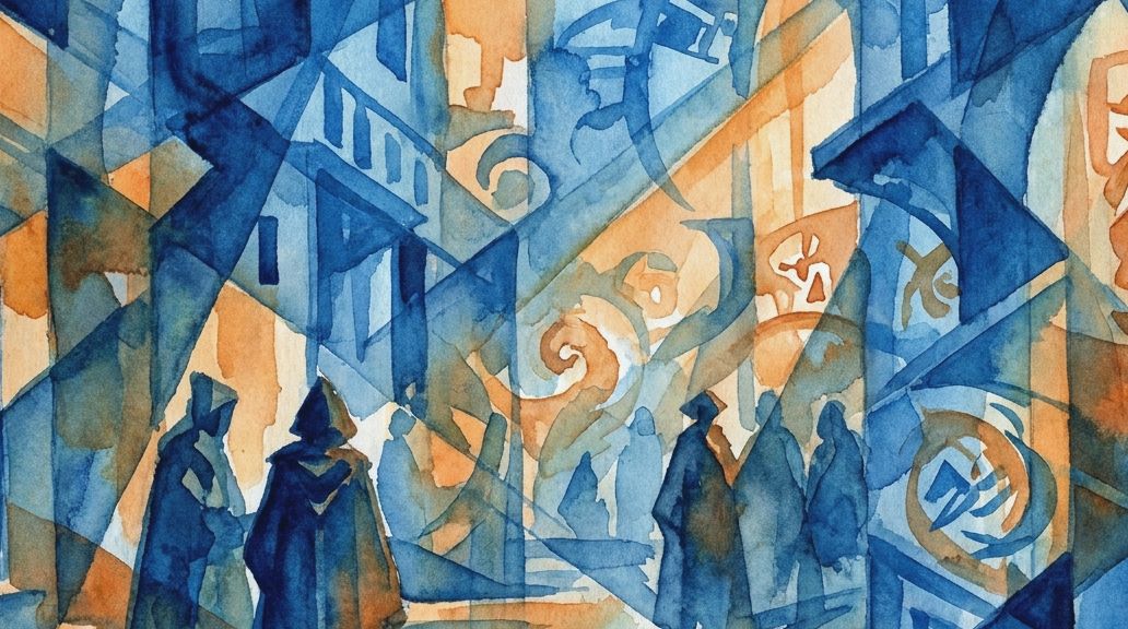 A watercolor painting in deep blues and oranges shows cloaked figures in a secret, theatrical.