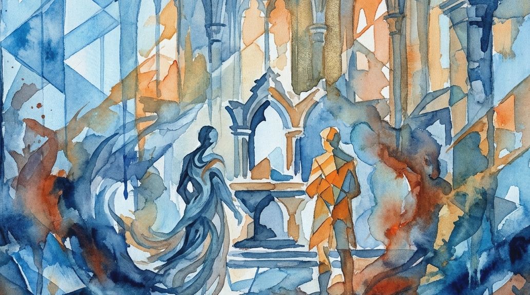 A watercolor in deep blues and oranges shows two figures at an altar, suggesting a spiritual union.