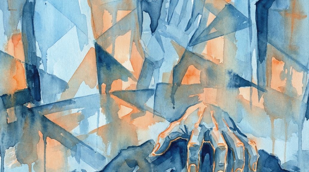 A watercolor in blues and oranges depicts a hand rising from grave earth, evoking postmortem myths.