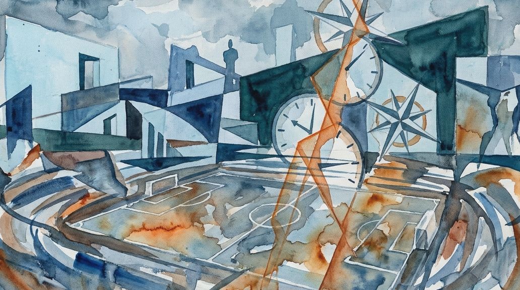 A watercolor in blues and oranges shows clocks, compasses, and a soccer field cut by a shifting.