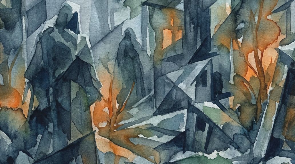 Dark watercolor forms in blues and greys with warm oranges show an abstract burial composting.