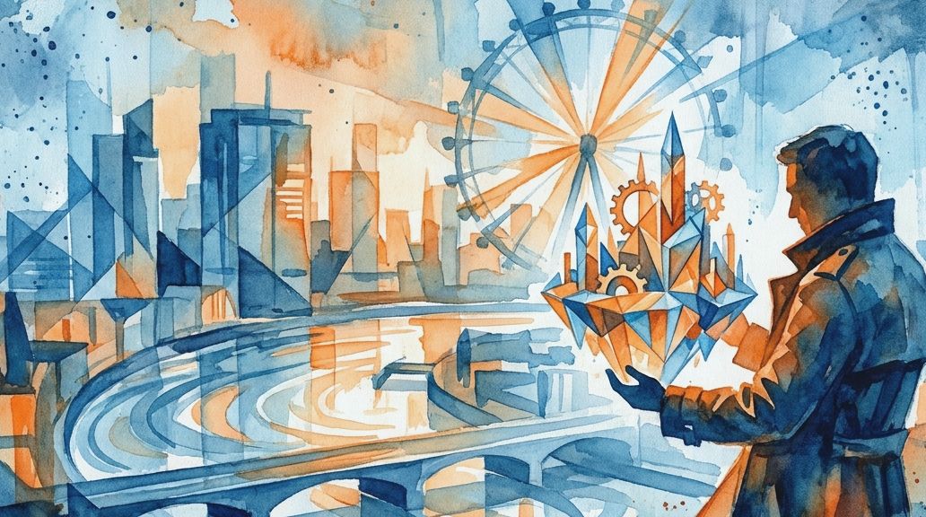 A man holds a glowing, invented city structure in this blue and orange watercolor painting.
