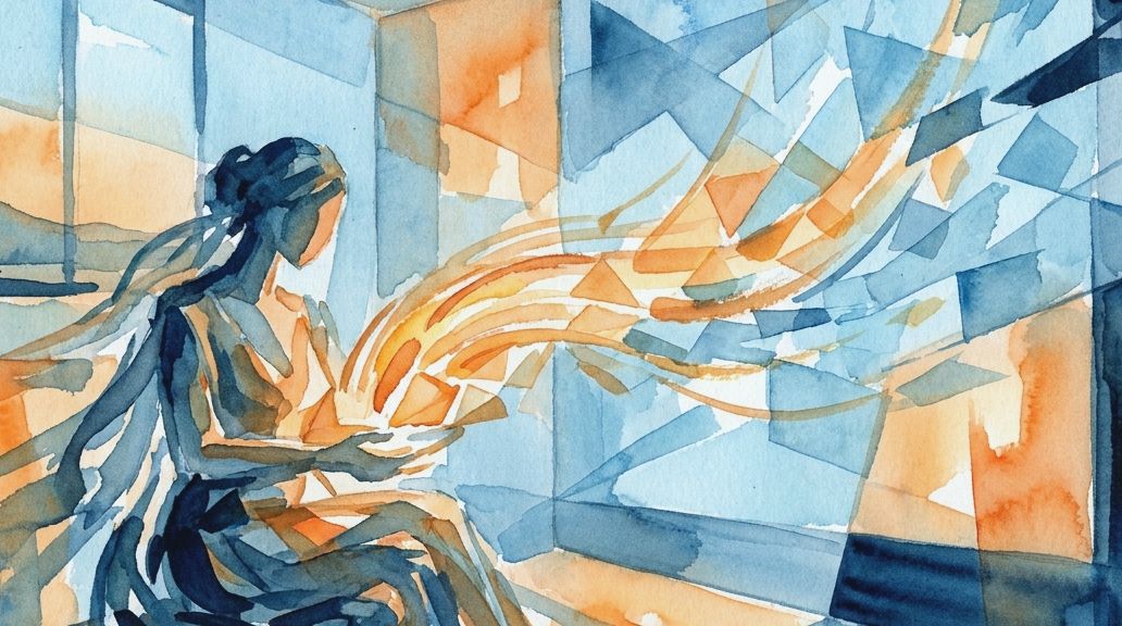 Abstract watercolor in blues and oranges shows a woman with warm light shapes flowing from her lap.