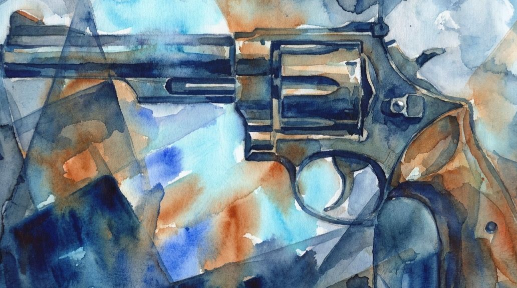 A watercolor painting in blue and brown shows a revolver, not the historical Puckle gun.