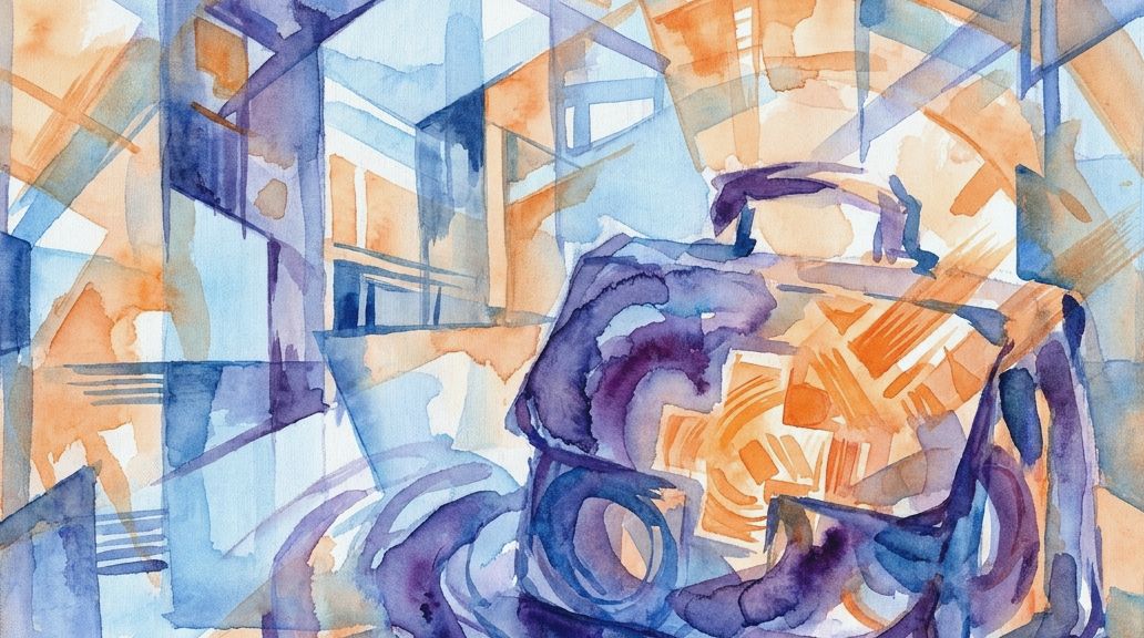 This fragmented watercolor in purple and blue shows a medical bag used for purple urine syndrome.