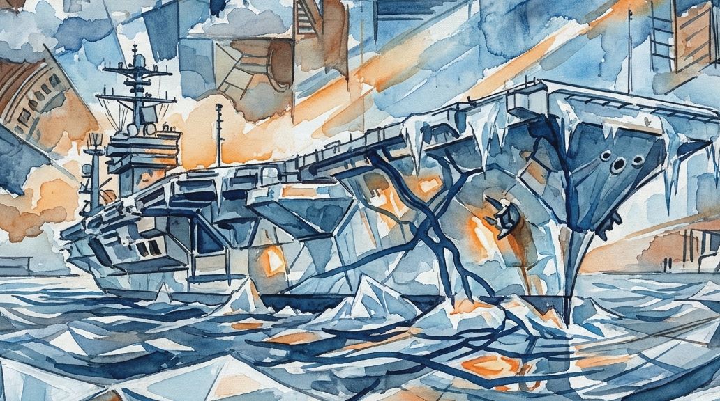 A watercolor painting shows a frozen carrier in icy blue waters with orange explosion bursts.