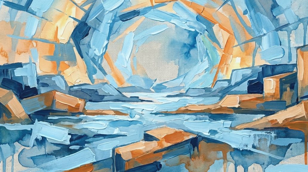 An abstract painting in blues and oranges depicts a mythical convergence point under an arch.