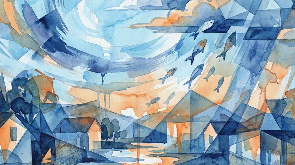 A fragmented watercolor artwork depicts fish raining down on a village in deep blues and oranges.