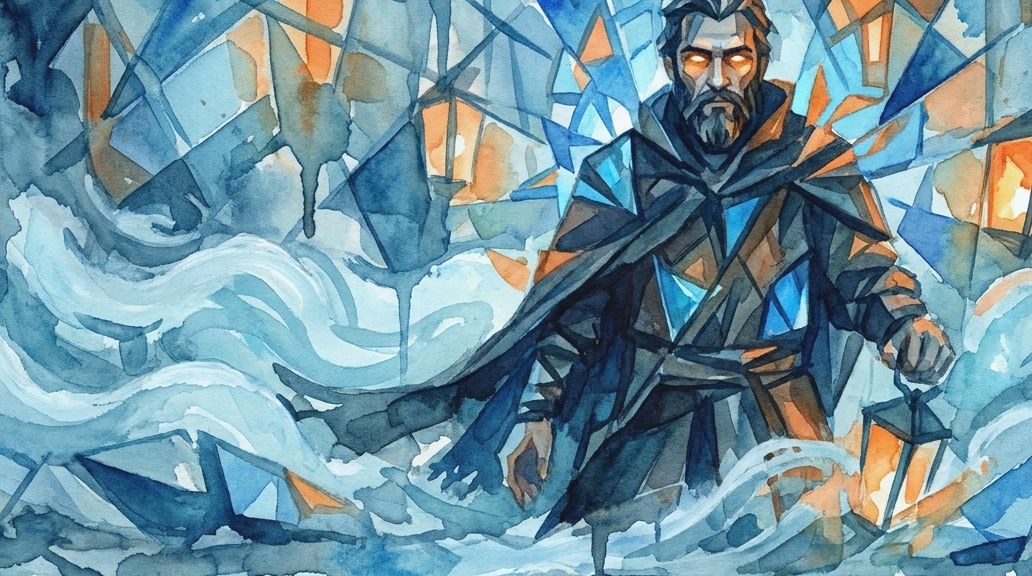 A watercolor painting in blue and orange shows a bearded man with a lantern, evocative of Rasputin.