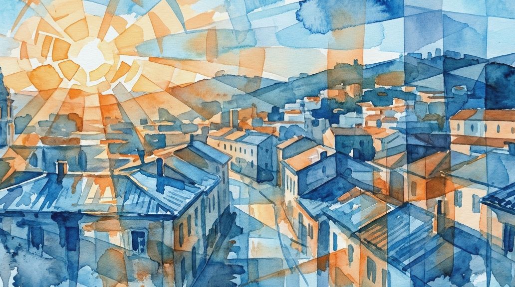 A watercolor painting shows a fractured town landscape in blues and oranges, reflecting a.