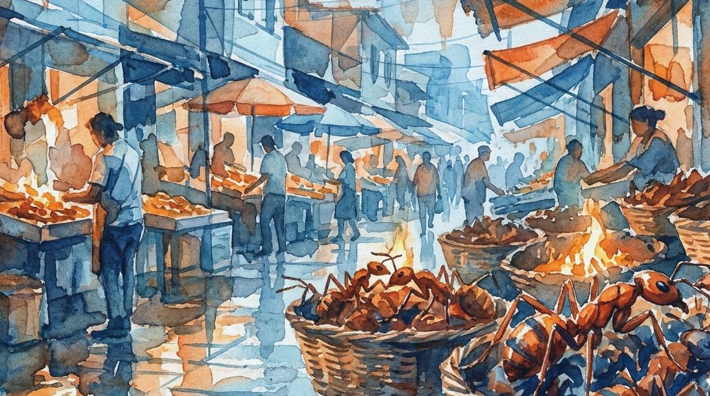 Watercolor market scene in blue and orange hues featuring baskets of roasted ants in Colombia.